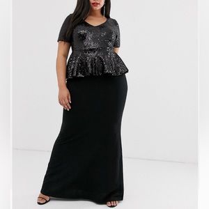 ASOS Plus Size City Goddess black maxi dress sequin peplum frill size 12